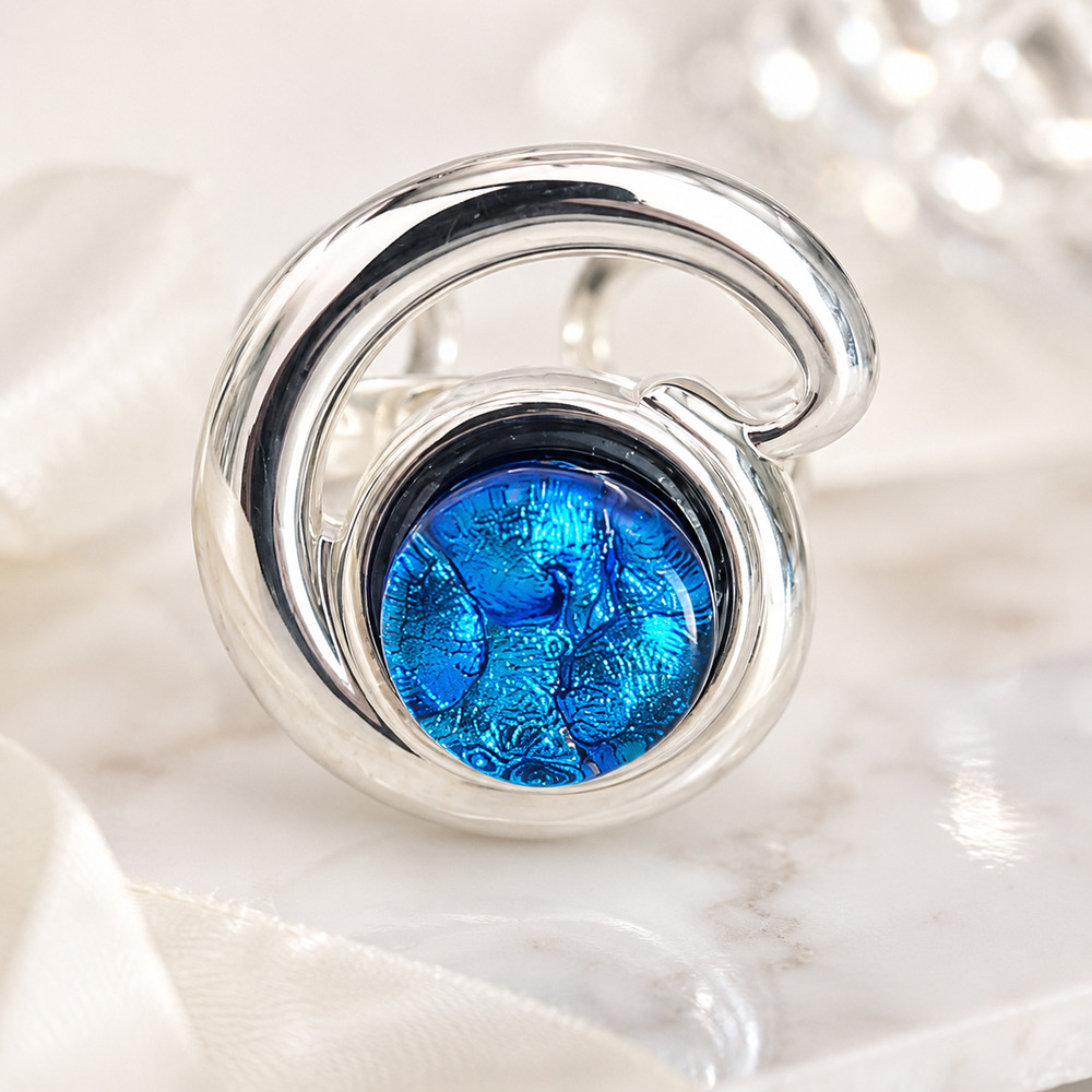 Blue Dichroic Glass Swirl Ring Adjustable Coastal Mermaidcore Artisan Statement